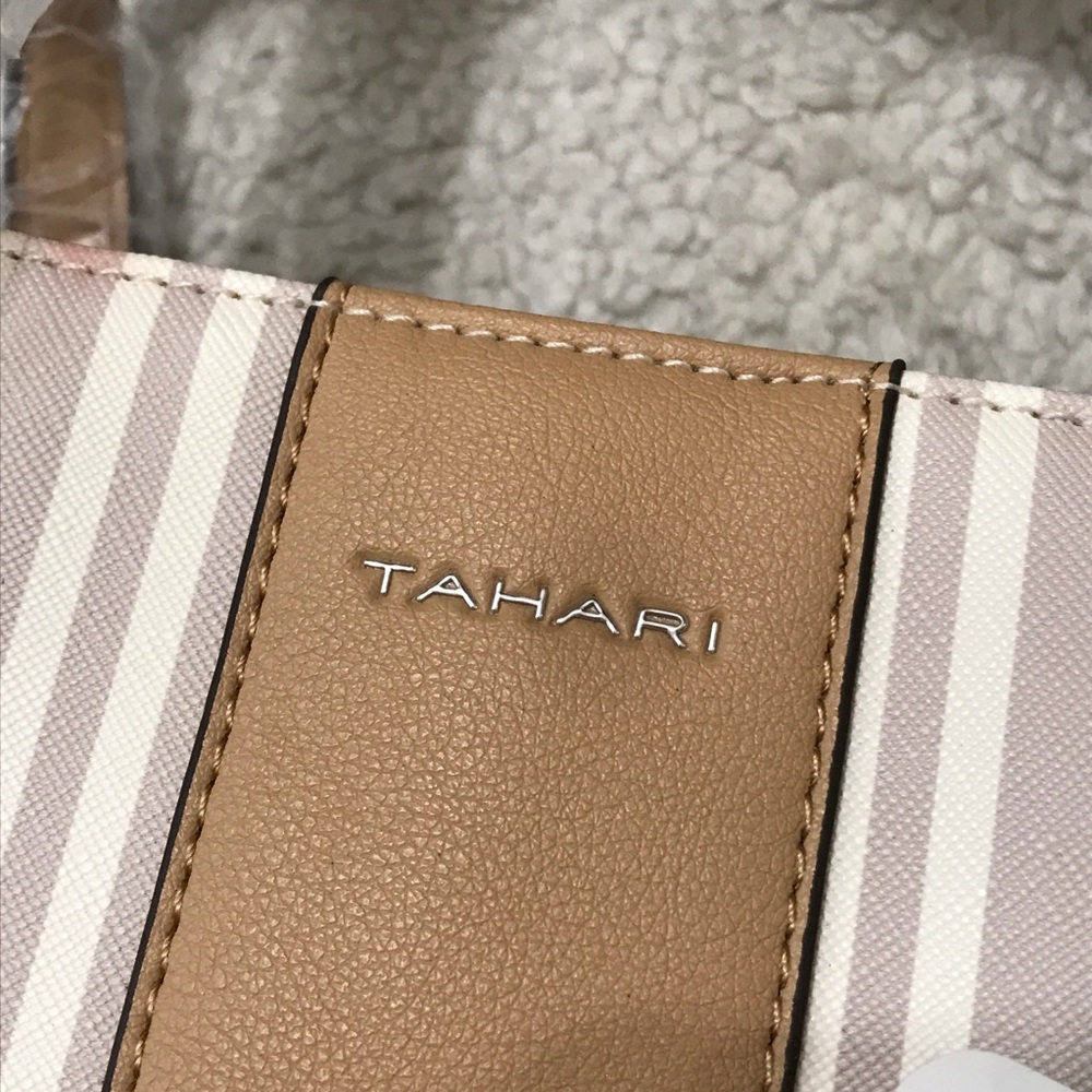 Tahari $149 MSRP Striped Satchel Bag + Dustbag Vegan Leather Cream - Picture 2 of 15